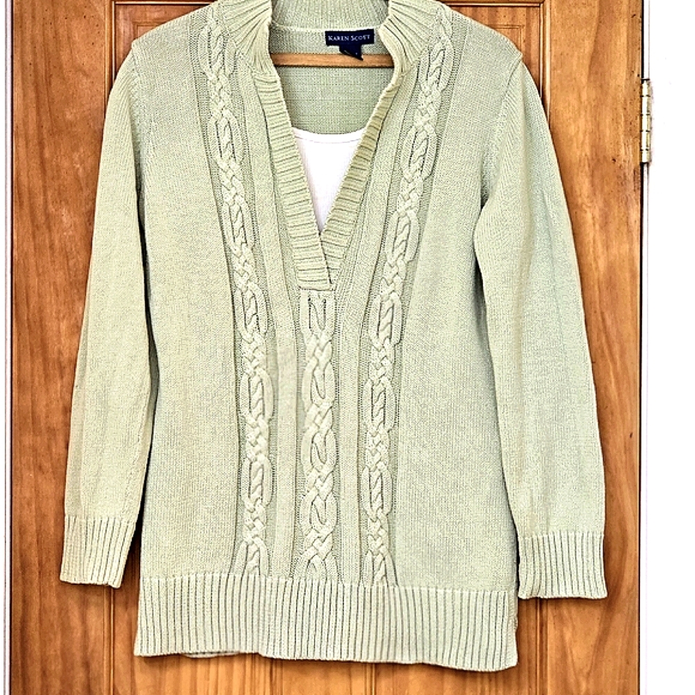Karen Scott Women's Green Cable Knit Long-Sleeve V-neck Pullover Sweater, Size M